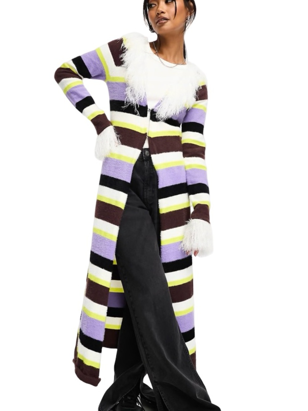 💜🍋🟩 ASOS Striped Long Open-Front Cardigan with Feathers Sleeves 🍋🟩💜
